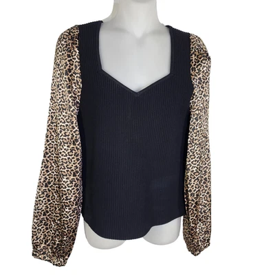 Bailey 44 Mujer Negro Acanalado Tejido Top Estampado Animal Globo Mangas Largas Pequeño Foto 1 de 4