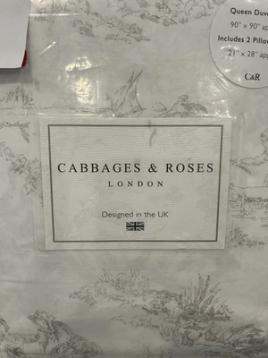 Cabbages & Roses Country Toile Linen Queen Size Sheet  3 Pc Set Cotton Percale - Image 1 of 3