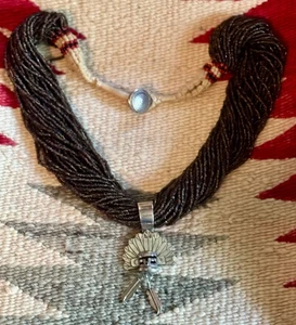VTG Navajo Multi Strand Heishi Necklace w Sterling Silver Sun Katsina Pendant - Picture 1 of 18