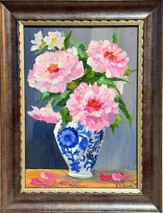 Jarrón arte enmarcado original pintura al óleo rosa peonías flores naturaleza muerta vintage - Imagen 1 de 6