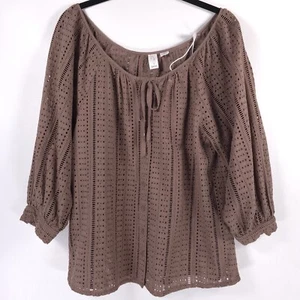 NWT JOIE Mushroom Taupe Cotton Eyelet Boho Peasant Top Button Front Tie SMALL - Picture 1 of 9