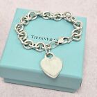 Tiffany & Co. Vintage Heart Pendant Genuine Silver Chunky Chain Bracelet Sz 7.5