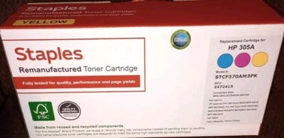 Cartucho de toner Staples substituição para HP 305A (amarelo) CE412A caixa aberta  - Imagem 1 de 4