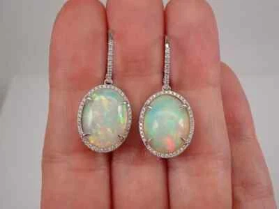 2Ct Oval Cut Simulated Fire Opal Halo Drop/Dangle Earrings 14K White Gold Plated - Image 1 of 4