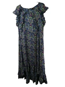 Reborn woman XL dress Blue Semi Sheer Paisley Plunge Ruffle Cap Sleeve - Picture 1 of 11