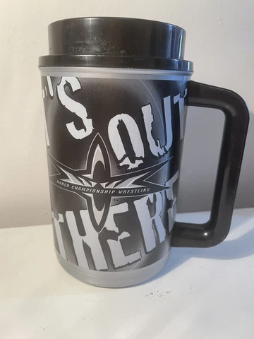 Vintage WCW Wrestling Plastic Insulated Black Mug Cup Whirley 2000s NWO Sting Cover