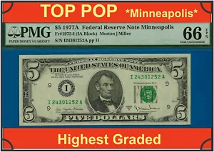 1977A $5 Federal Reserve Note PMG 66EPQ top pop finest Minneapolis Fr 1975-I - Picture 1 of 4