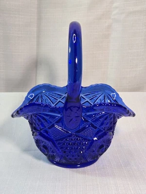 Cesta de vidrio azul cobalto vintage LE Smith diamante estrella encaje 8" mango Foto 1 de 4
