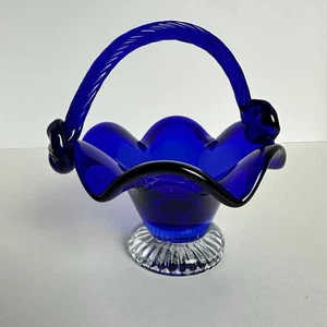 Vintage Fenton Cobalt Blue Glass Basket Twisted Handle 6” - Picture 1 of 6
