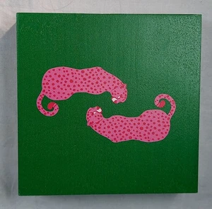 Two Pink Leopards On Green Background Painted On Wood 5x5 Inches - Picture 1 of 4