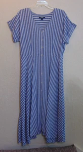 Chaps Womens Linen and Cotton Button Front Shirt Dress L Blue and White Stripe - Picture 1 of 5
