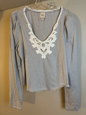 MAEVE Blue & White Stripe Puff Sleeve V Neck Top XL Lace Trim Anthropologie - Image 1 of 4