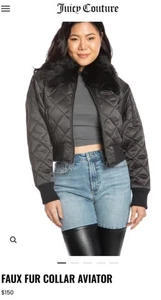 Juicy Couture Flieger gesteppte Bomberjacke S schwarz Kunstfellkragen neu mit Etikett $ 150 - Bild 1 von 5