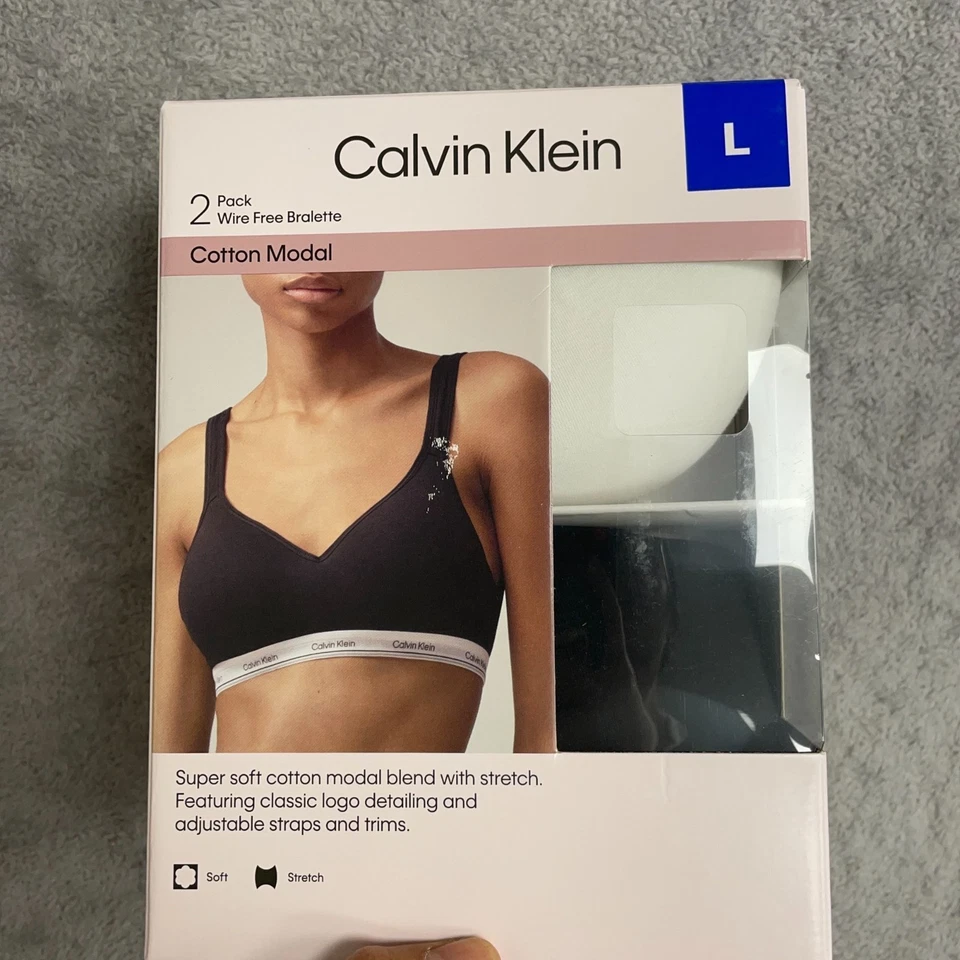 NUEVO Paquete de 2 bralette de algodón modal negro/blanco Calvin Klein para mujer L sin alambre Foto 1 de 3