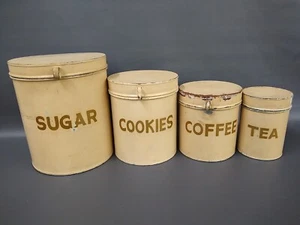 Juego de botes de lata de anidación vintage de 4 piezas con tapas: azúcar, galletas, café y té - Imagen 1 de 5