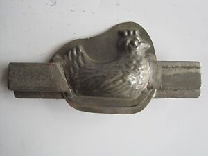 Antique very small 2 piece tin chocolate mould - laying chicken -  Letang 2677