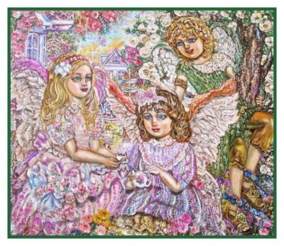 Tea Party of Angels Contemporary Artist Yumi Sugai Counted Cross Stitch Pattern - Image 1 of 3