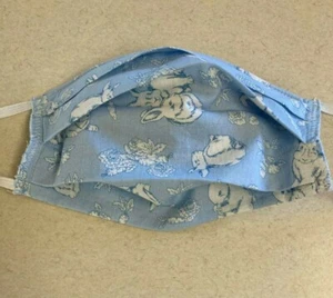 White Bunnies on Blue Background.Pleated.Reuse.Cotton.Mask. - Picture 1 of 4