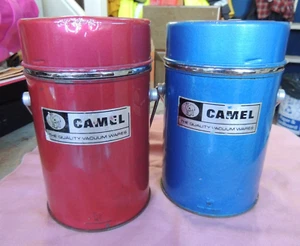 Two Vintage CAMEL Thermos Vacuum Lunch Flasks, Blue & Red, made in Hong Kong - Picture 1 of 6
