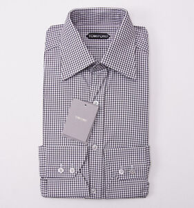 NWT $635 TOM FORD Brown-Gray Gingham Check Cotton Dress Shirt 15.5 Slim-Fit