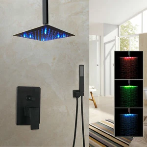 LED Black Ceiling Mount 8"Bathroom Shower Head Faucets Set Hand Spray Mixer Tap - Picture 1 of 10