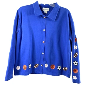 Vintage Bellpointe Jacket Womens Large Blue Knit Embroidered Sports Balls Button - Picture 1 of 9