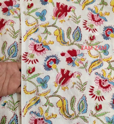 Indian Hand Block Printed Cotton Fabric Floral Hand Craft Voile fabric By Yard - Image 1 of 4