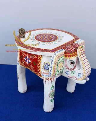 Wood Elephant Stool Hand Made White Embossed Painted Indian Art - Image 1 of 4