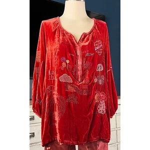 Top blusa rosso velluto ricamato stravagante Johnny Was Zuri M - Foto 1 di 13