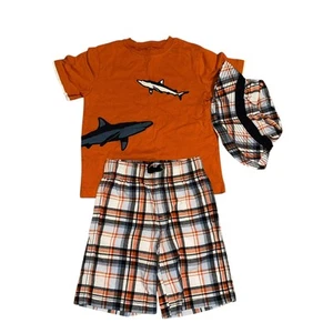 Gymboree Shark Alert Orange Plaid Outfit Shorts 4 T Shirt 5 Hat 5-7 - Picture 1 of 11