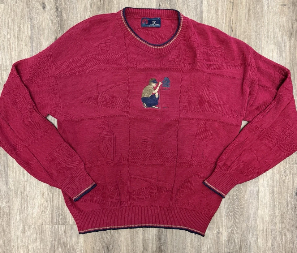 Винтажный мужской свитер для гольфа Isle of Cotton L красный жаккардовый вязаный вышитый гольфист США - Изображение 1 из 4
