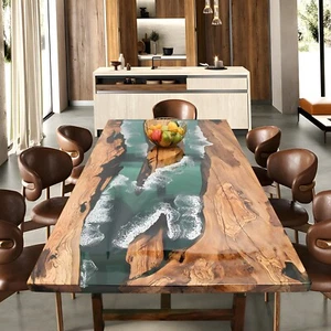 Custom Olive Green Wave Epoxy Table – A Stunning Fusion of Nature and Art - Picture 1 of 11