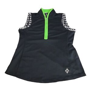 JoFit Top Womens Small Black Green Check Golf Sleeveless 3/4 Zip Ladies Casual 
