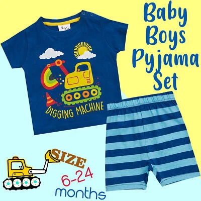 METZUYAN Baby Boys Digging Machine Printed Top Striped Bottom Pyjama Summer Outfit Set UK