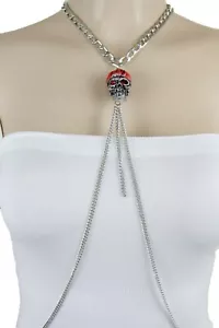 Women Halloween Fashion Jewelry Silver Metal Body Chain Necklace Big Skull Charm - Picture 1 of 12