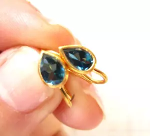 London Blue Topaz Gemstone Earring Hook Earwire Pair 18K Gold Plated 925 Silver - Picture 1 of 7