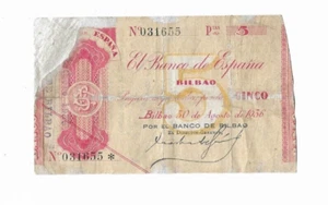 ESPAÑA: 5 PESETAS BANCO DE BILBAO. AÑO 1936. SIN SERIE. RC-. RESTAURADO. IDEAL. - Picture 1 of 2