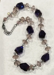 Vtg Dark Purple AB Glass Beads Necklace Chunky Faceted Silvertone Adj 21" - Picture 1 of 5