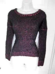 BEBE SCHWARZ ZWEIFARBIG FEDERGARN LANGARM HI LO PULLOVER NEU MIT ETIKETT NEU XSMALL XS - Bild 1 von 4