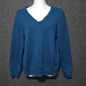 Liz Claiborne Sweater Womens XL Blue Twisted V Neck Cotton Cashmere Pullover - Picture 1 of 11