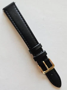 16 mm / lang - schwarzes Echtleder Uhrenarmband - (goldene Schnalle / Stifte enthalten) - Bild 1 von 3