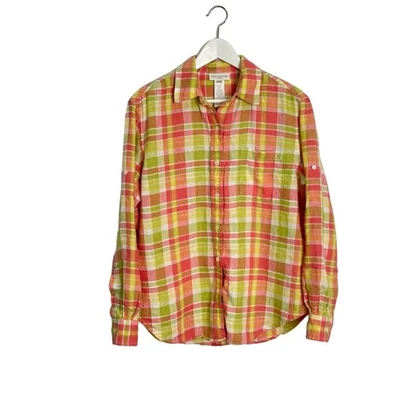 JONES New York Sport Size M 100% Linen Pink Yellow Green Button Tab Sleeve Shirt - Image 1 of 4
