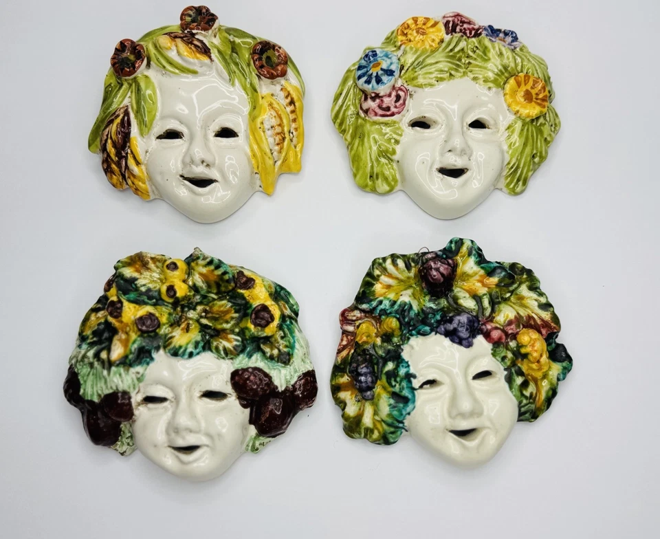 Máscaras de pared vintage de mayólica de cuatro estaciones Baco hechas en Italia Foto 1 de 4