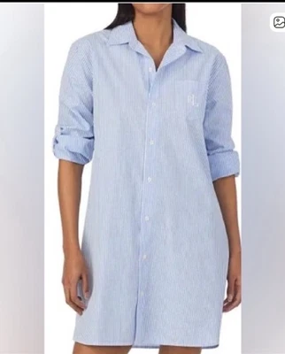 Camisa para dormir Lauren Ralph Lauren para mujer M azul blanco a rayas con botones logotipo bolsillo Foto 1 de 4