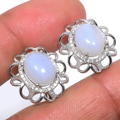 Blue Lace Agate & Cubic Zirconia 925 Sterling Silver Earring 0.7" T66 - Image 1 of 4