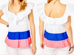 NEW SZ 4 Lilly Pulitzer Emie Ruffle Top shirt Resort White Color-Block $148 - Picture 1 of 11