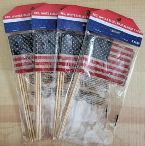 4 PACKS OF 3 US Flags Burlap American Flag on Stick 3" x 8" 12in total FREE SHI - Picture 1 of 1