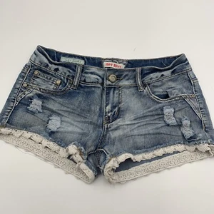 Hot Kiss Womens Shorts Sz 5 Cici Distressed Denim Booty Lace Trim Stretch Beach - Picture 1 of 6