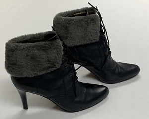 Ellen Tracy Shoes RETURN Leather Ankle Boots Black Grey Faux Fur Women's 9M - Picture 1 of 8