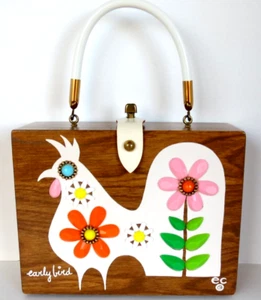 NEAR MINT - Enid Collins Of Texas Wood Purse Box Bag - Early Bird - Picture 1 of 24
